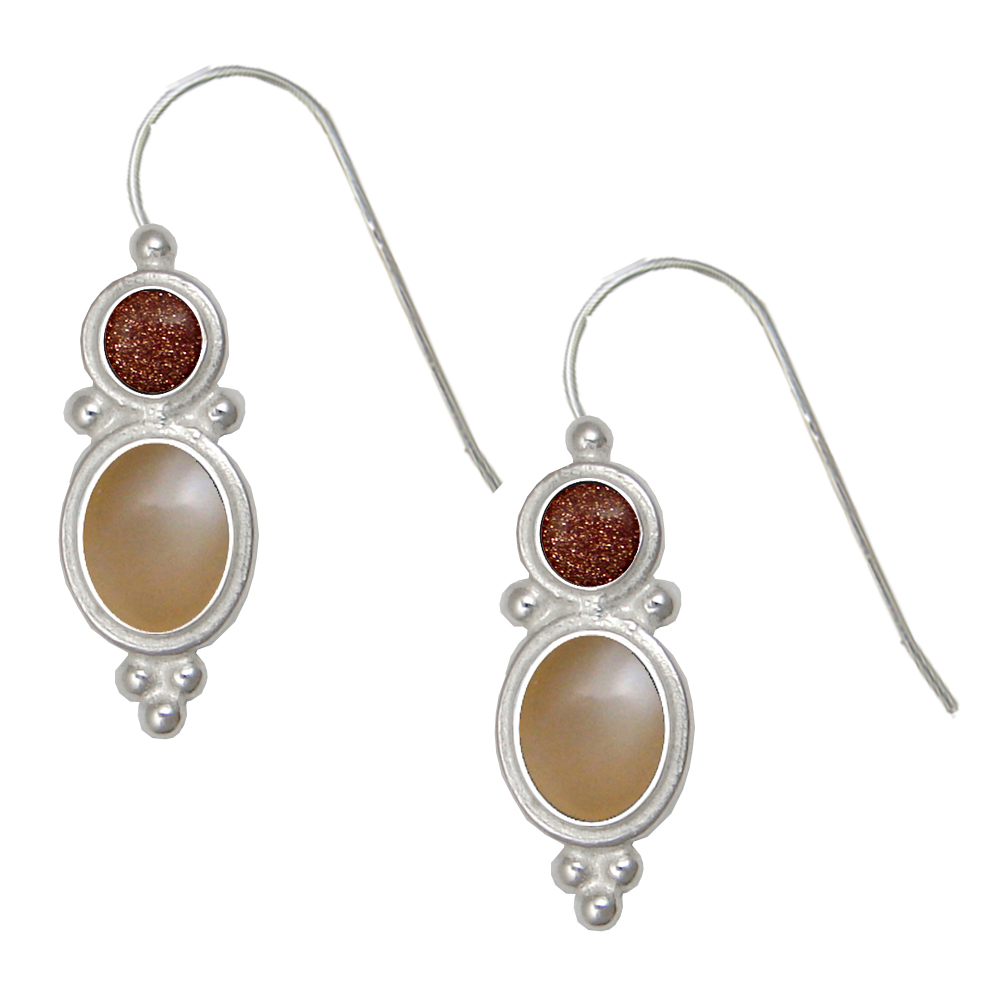 Sterling Silver Drop Dangle Earrings With Peach Moonstone And Goldstone